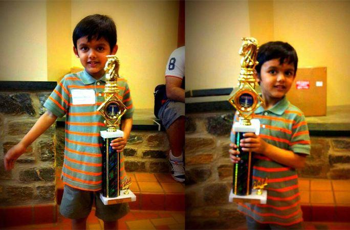 Abhi with his first place trophy in the first tournament