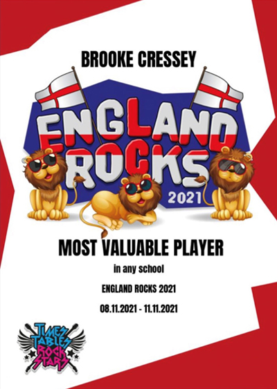 brookes TTRS England Rocks certificate