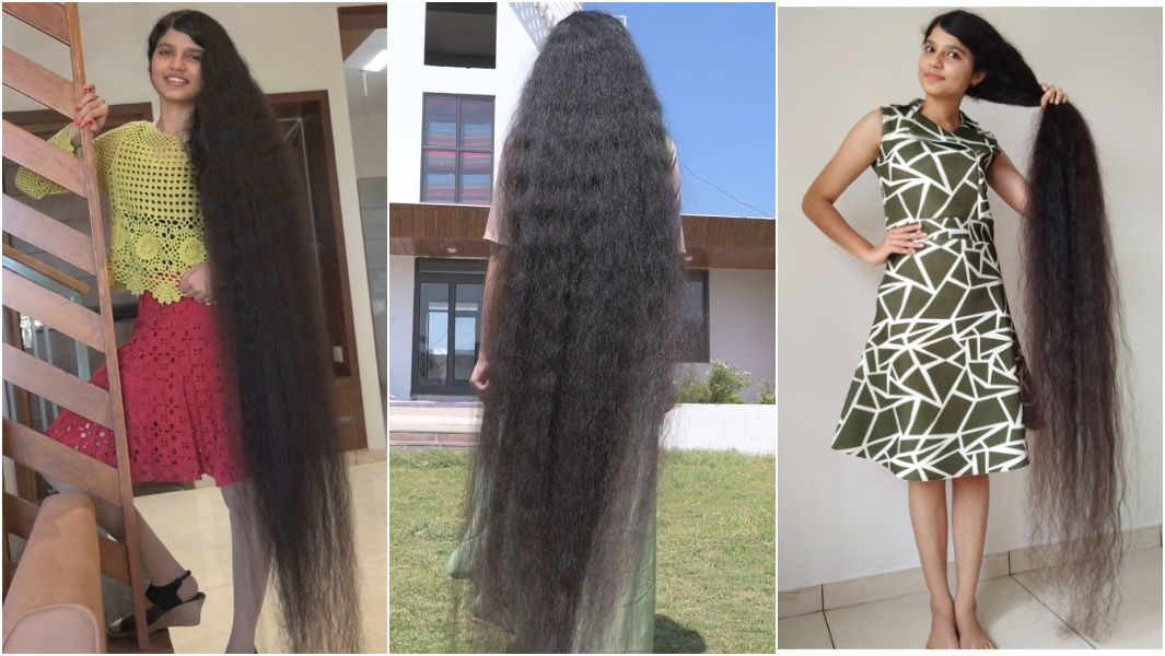 three images of nilanshi with longest hair ever on a teenager
