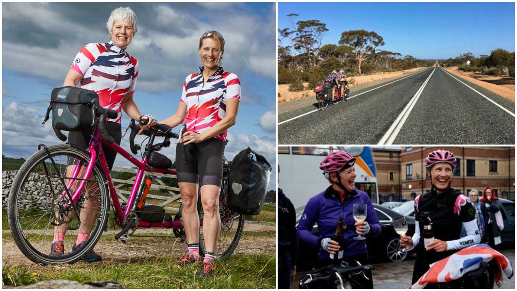 fastest circumnavigation by tandem bicycle collage standing by bike cycling in australia and celebrating with prosecco