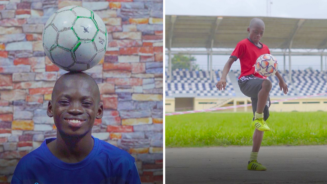 Chinonso Eche smiling and playing in a soccer stadium