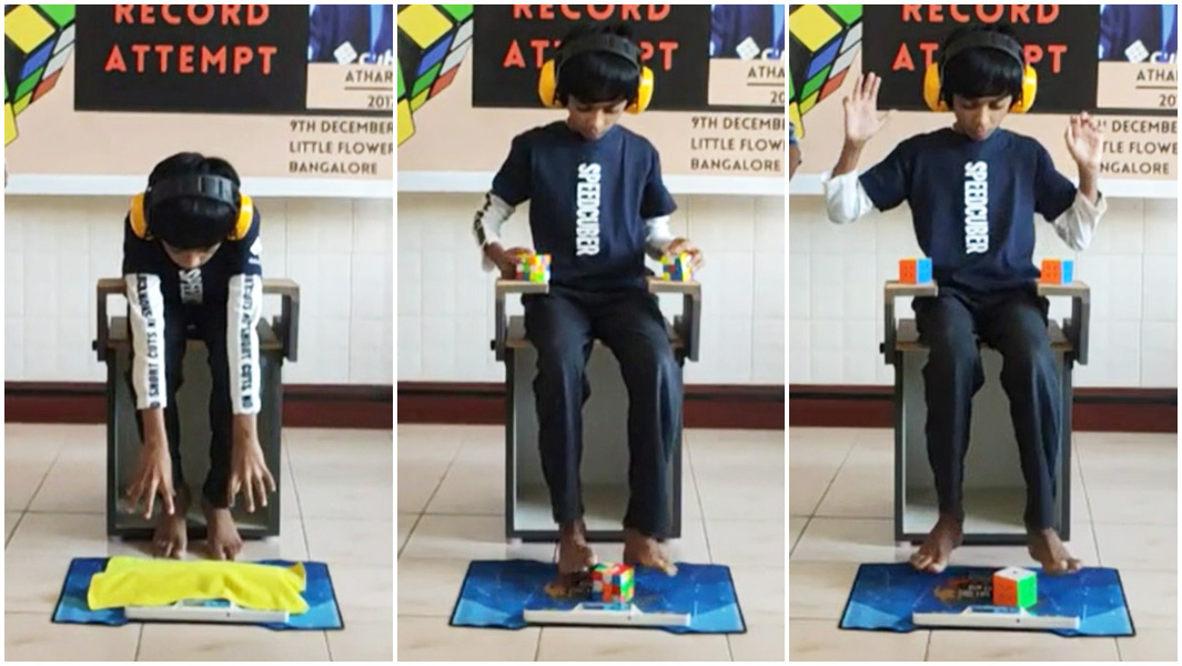 speedcuber solving three rotating puzzle cubes hands and feet