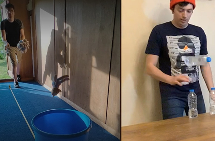 split image throw soft toys into target and flip water bottles