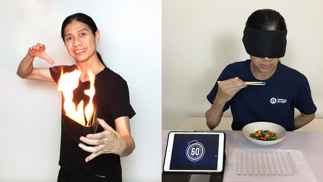 split image of Avery attempting two records