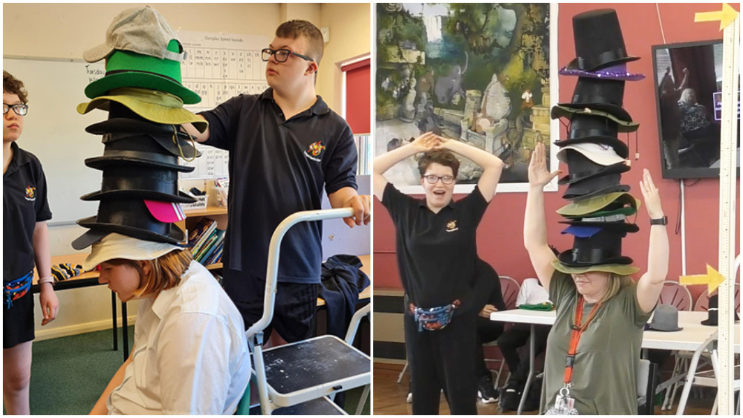 Tallest stack of hats worn at once split image