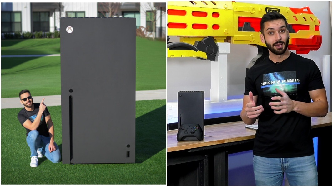 split-image-of-michael-pick-posing-by-the-largest-xbox-console-and-standing-by-a-standard-xbox-series-x-console.jpg