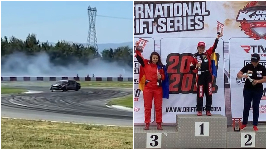 Split image of Alice Ene drifting and standing on a podium