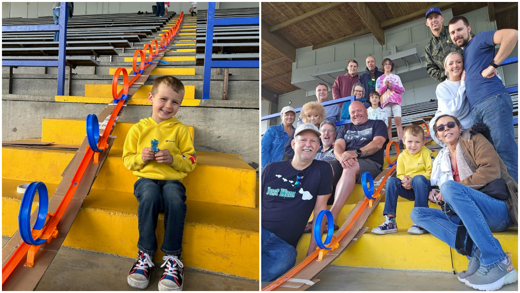 split image gavin and gavin with friends and family attempting record