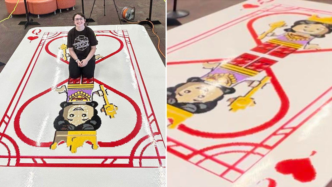 split image of largest LEGO brick playing card