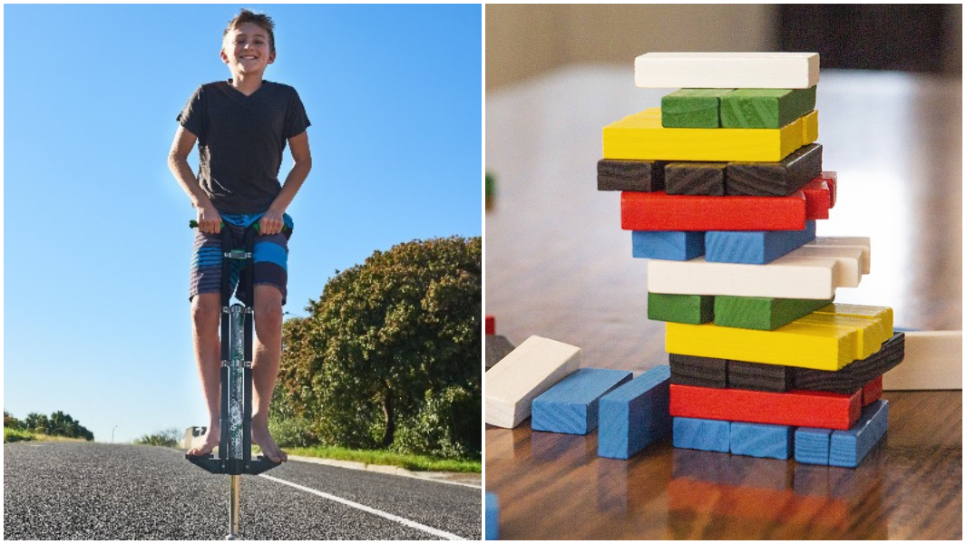 split image pogo stick and jenga blocks under 16 records