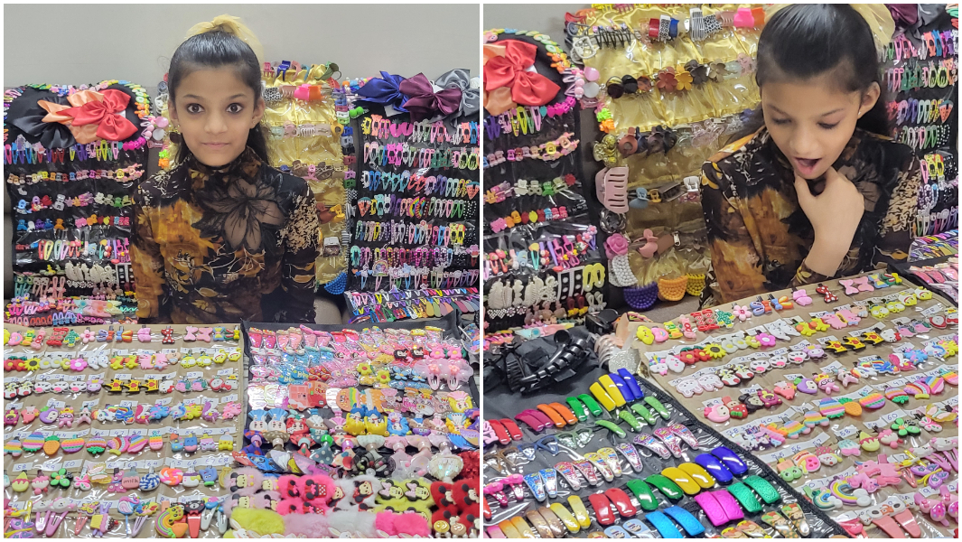 split image alina in front of hairpins and looking at them