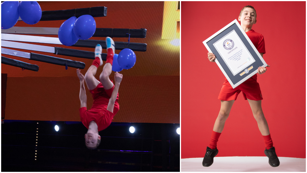split image julius bursts balloons holds certificate