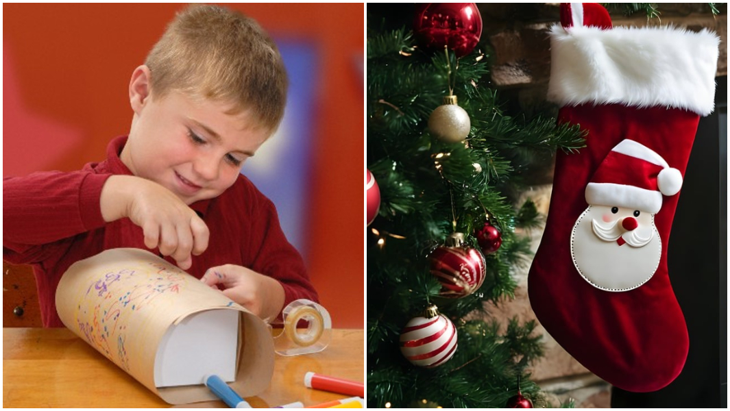 split image kid wrapping gift and christmas stocking
