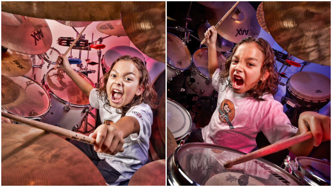 split image youngest drummer playing drums