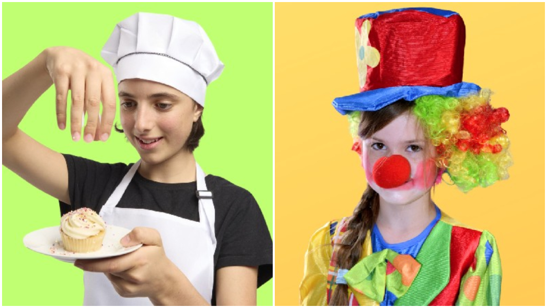 split image decorating cupcakes and dressed as clown