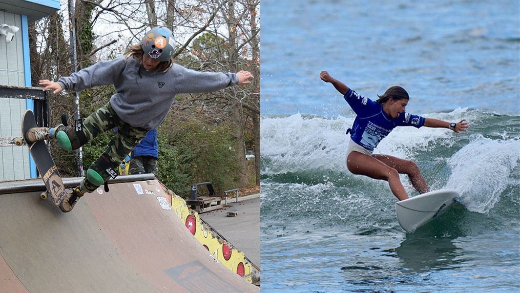 split image mccauley on skateboard and surfing