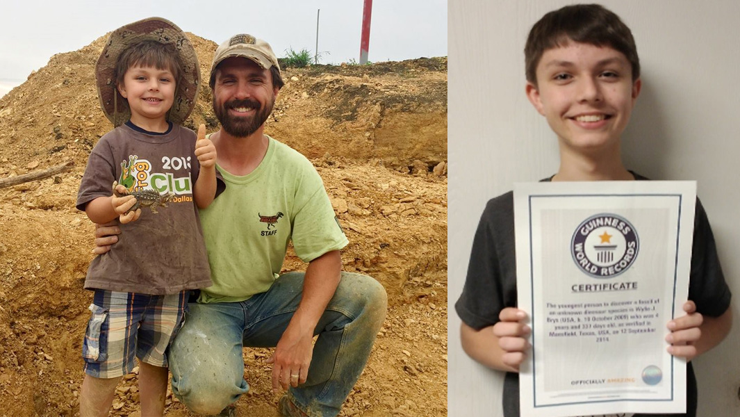 split image wylie holding dinosaur toy and record certificate