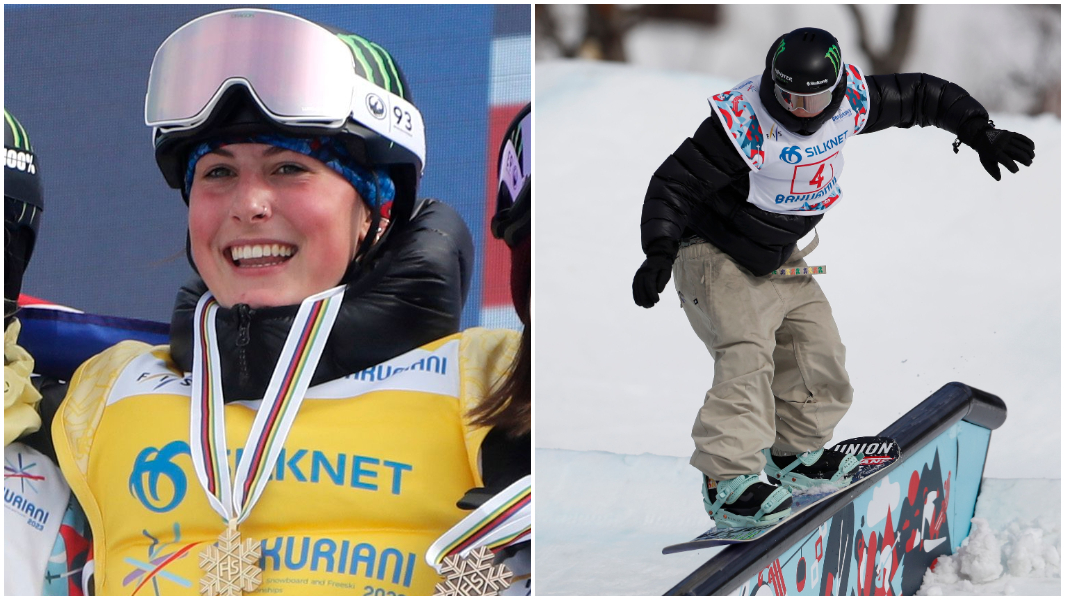 split image mia wearing medal and snowboarding