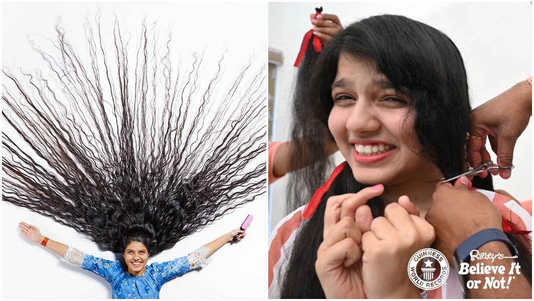 split image nilanshi with longest hair and just before having it cut