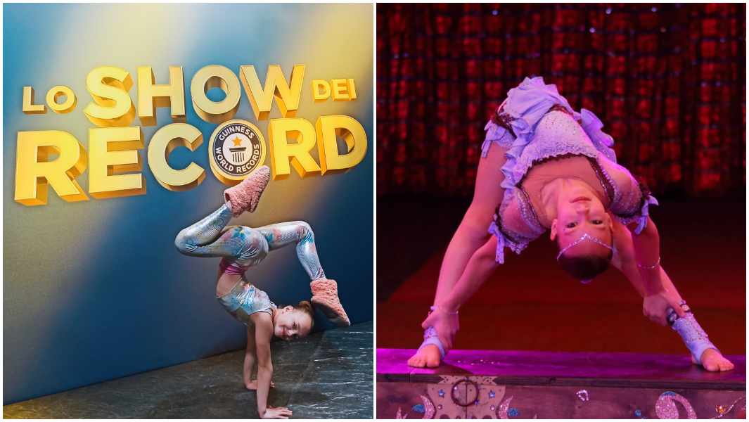 split image Sofia Tepla at lo show dei record and on stage