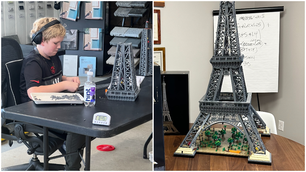 split image cooper wright attempting record and finished eiffel tower set