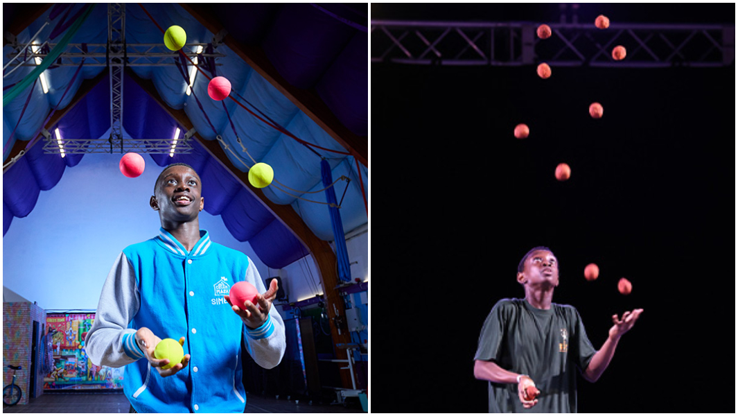 split image simeon juggling six balls and ten balls