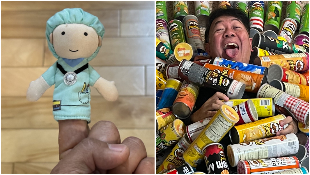 sonny molina with finger puppet and pringles collections
