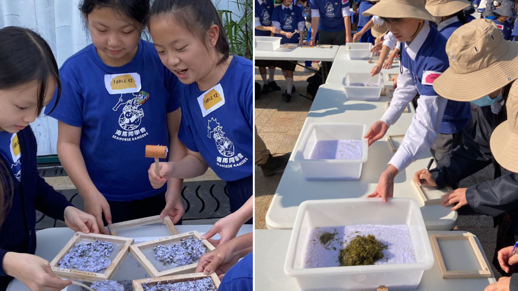 split image of children making paper