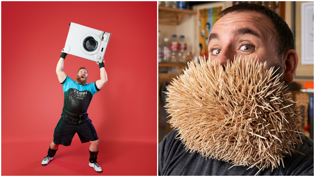 split image washing machine and toothpicks on beard