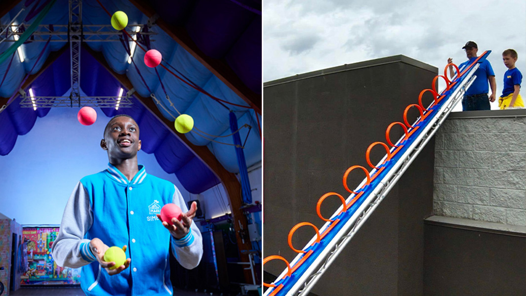 split image juuggling and hot wheels records