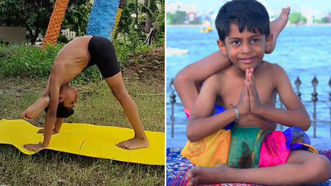 split image pratyaksh practising yoga