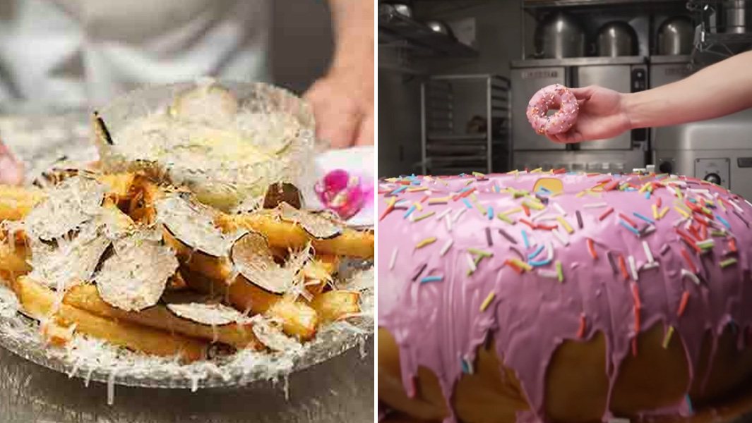 split image expensive fries largest doughnut cake