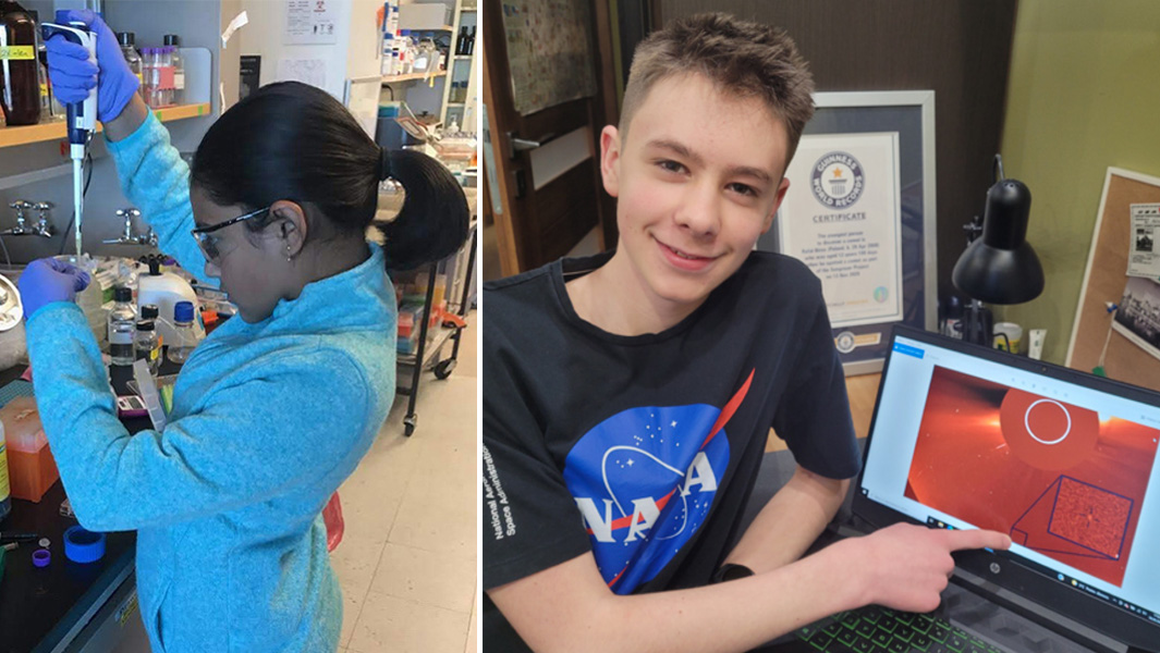 split image girl in lab boy showing comet on laptop