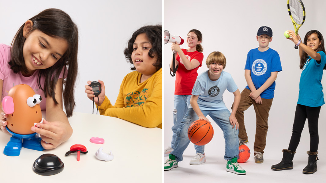 split image girls building mr potato head and group playing sports