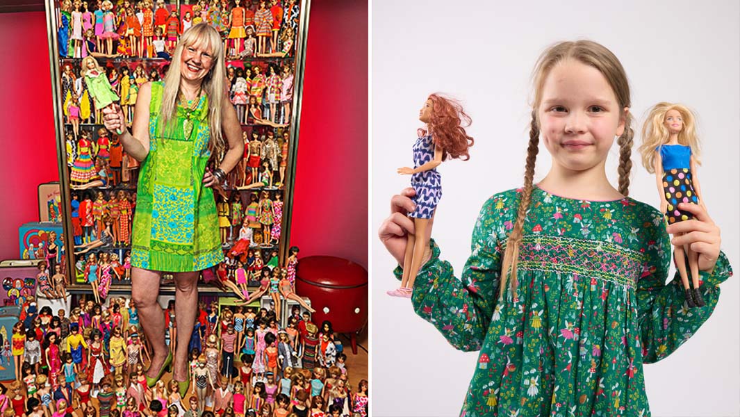 split image woman with most barbie dolls girl with two dolls