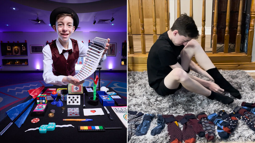 split image cillian doing magic and attempting socks record