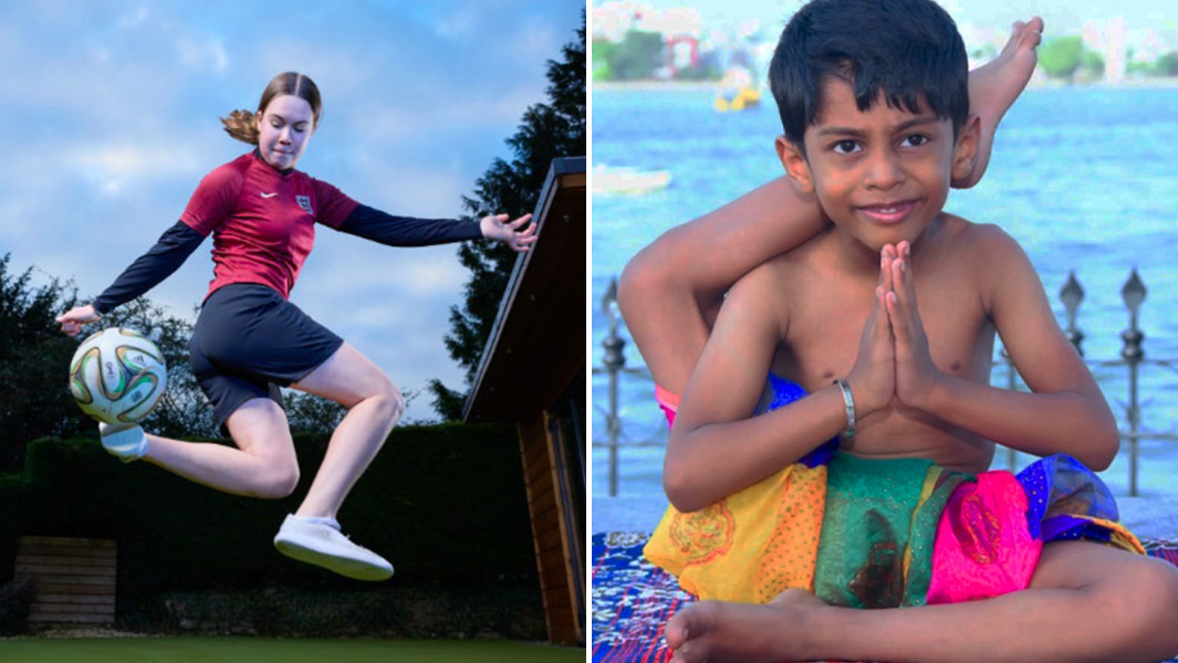 split image isabel playing football pratyaksh practicing yoga