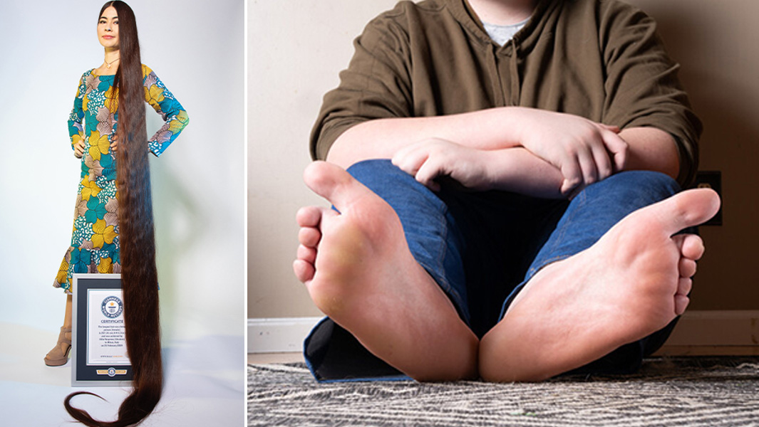 split image longest hair largest feet