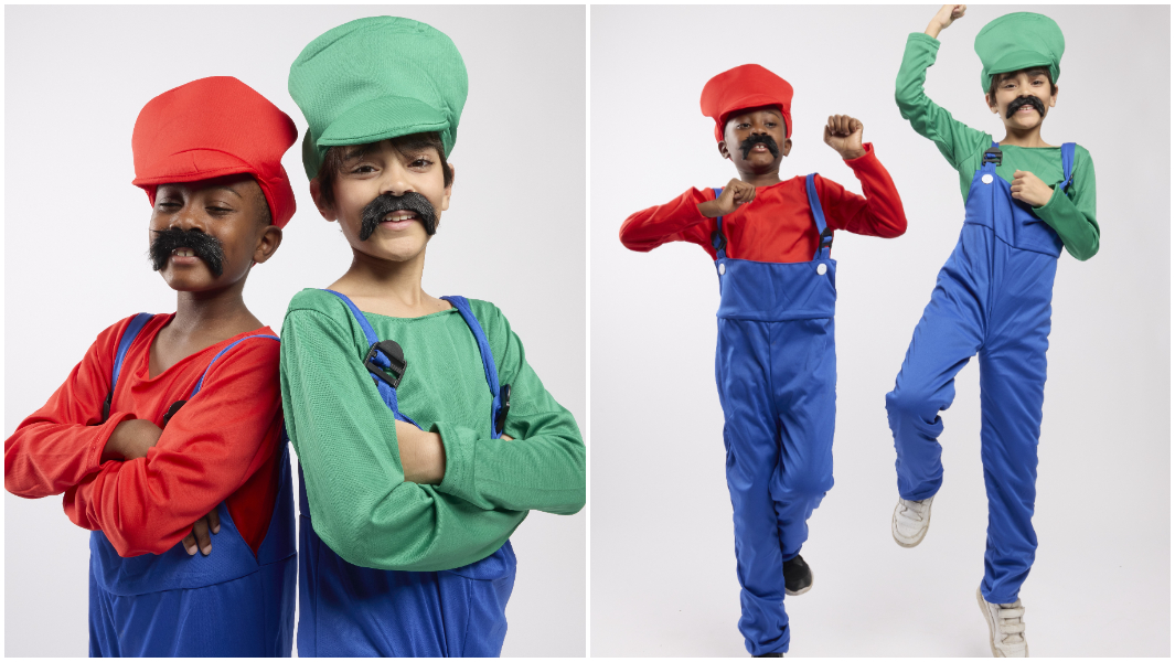 split-image kids dressed as mario and luigi close up and action pose