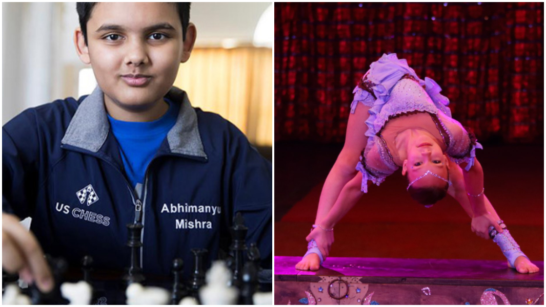 split image kid playing chess and girl contortionist