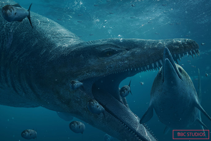 An artist's impression of a Jurassic pliosaur hunting another marine reptile known as an ichthyosaur