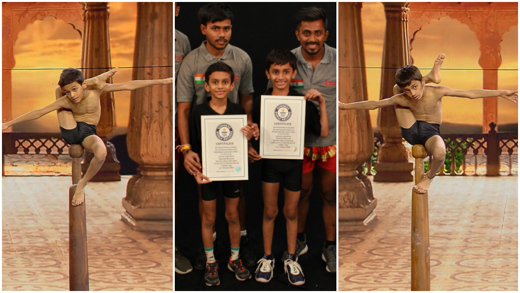 kids with legs behind heads and holding record certificates