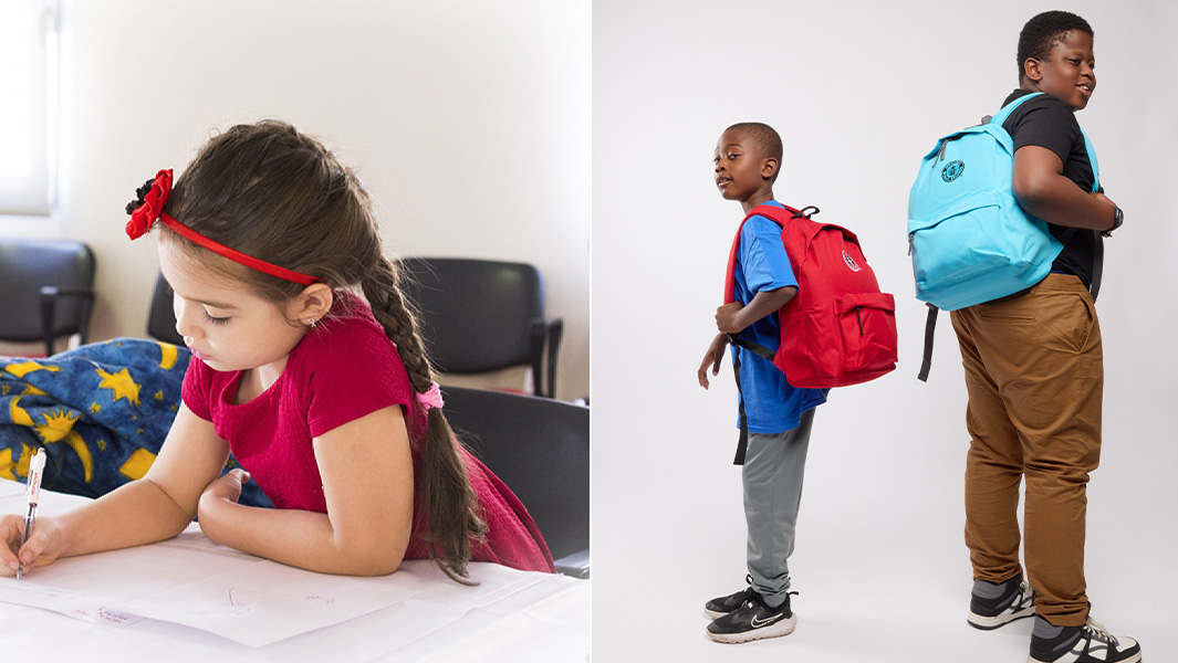 split image girl writing two boys with school bags