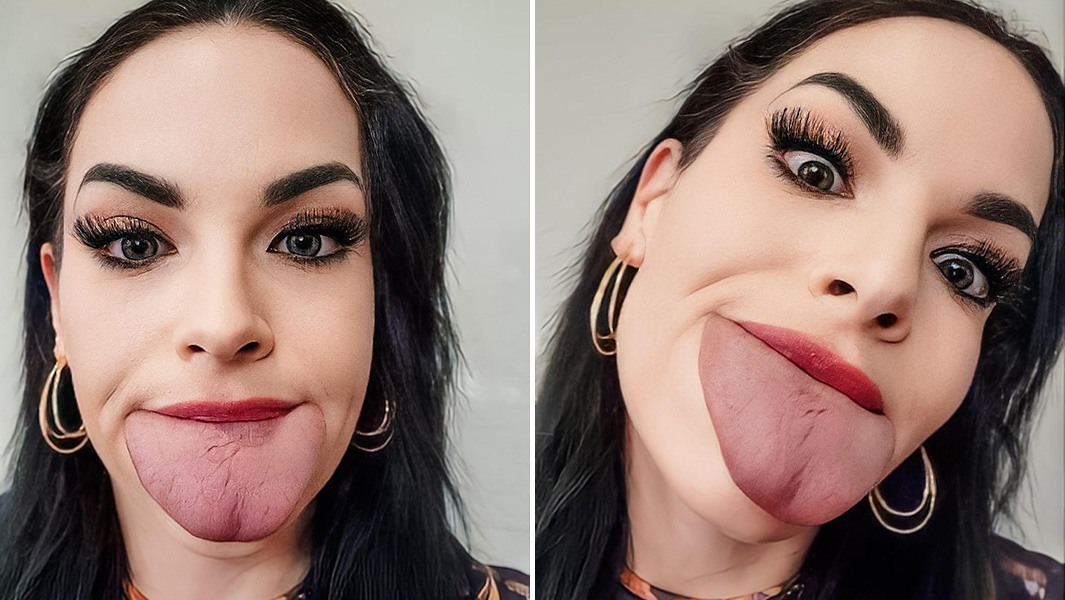 split image widest tongue woman close up