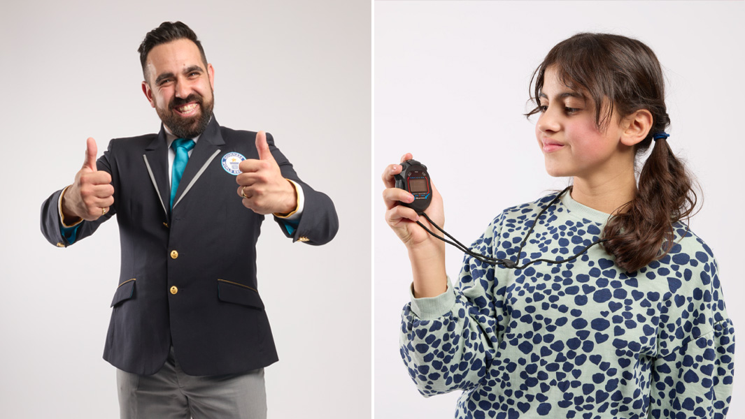 split image adjudicator giving thumbs up girl holding stopwatch