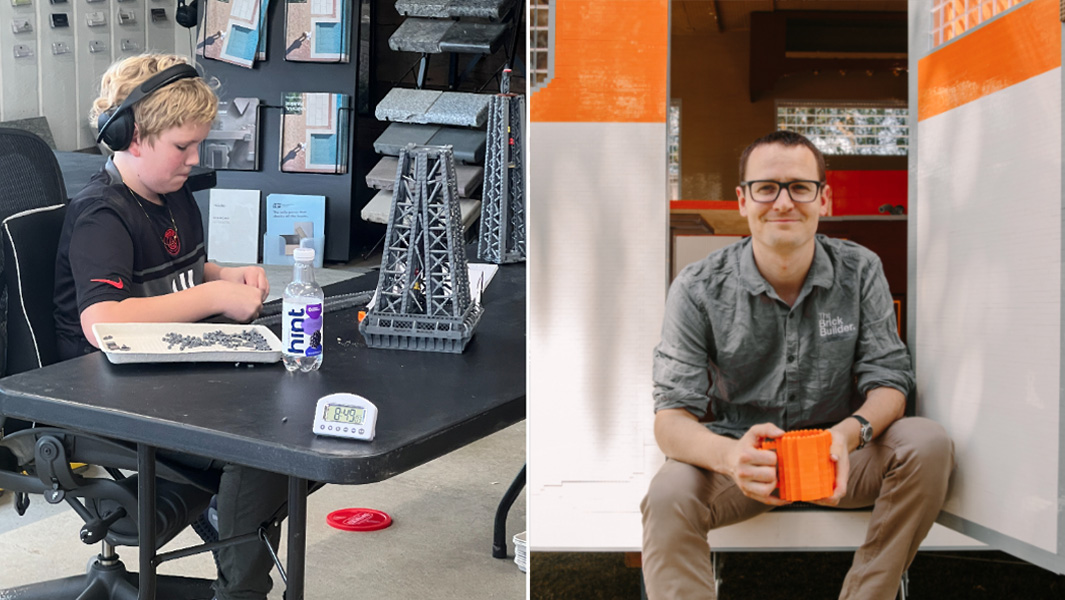 split image eiffel tower and caravan made of lego