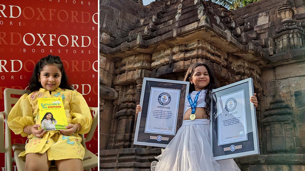 One picture of Anvi Vishesh Agrawal holding her book and one of her holding her two framed GWR certificates