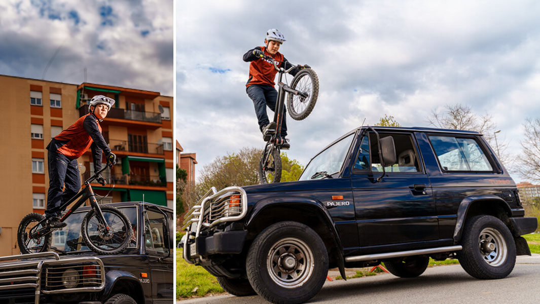 Jordi Sala riding his bike on a car bonnet