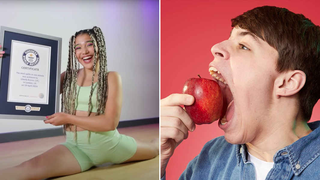 Split image girl doing splits boy with largest mouth gape
