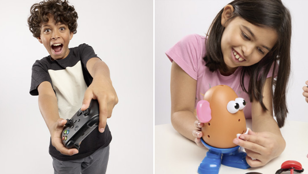 Split image gamer boy toy girl